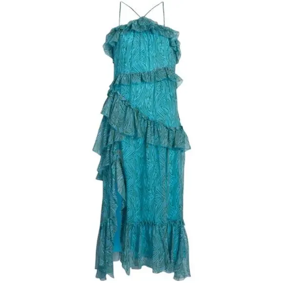 Cinq á Sept NWT Rayner Dress Celeste Size 0 Halter Midi Cascading Ruffles Blue Women